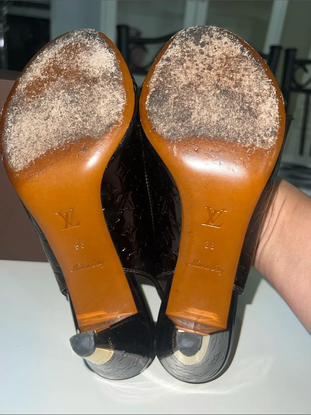 Louis Vuitton Vernis Monogram Slingback Heels with Gold Buckle